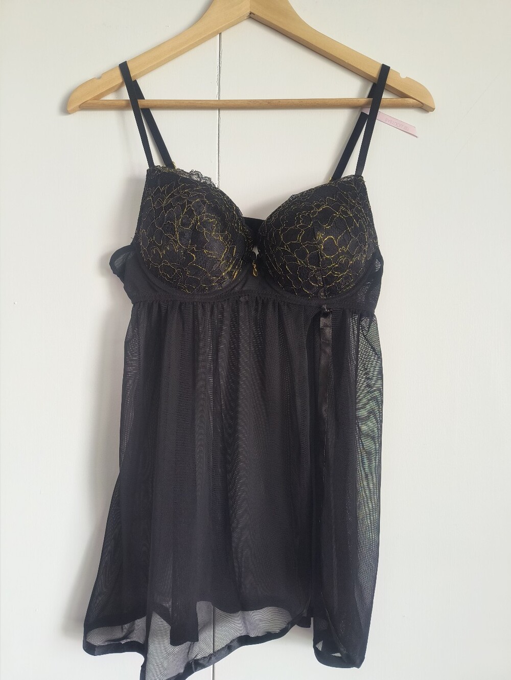 Daisy Fuentes Black Gold Sheer Baby Doll Nightie Lingerie Push Up Padded Large L